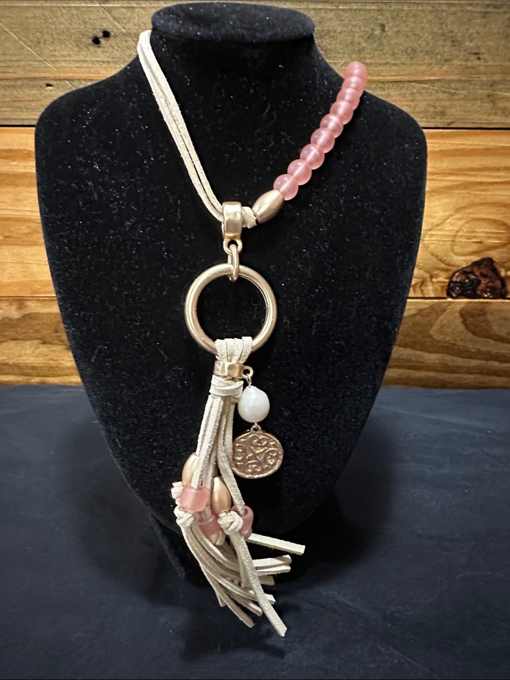 Plunder Pink Bead & Cream Tassel Pendant Necklace Boho